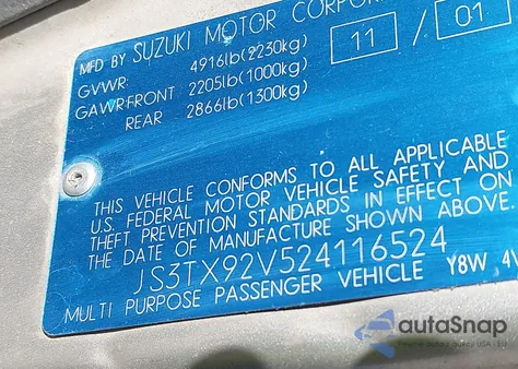 2002 Suzuki Xl-7 Limited/Plus/Standard/Touring z USA, uszkodzony, nr VIN JS3TX92V524116524